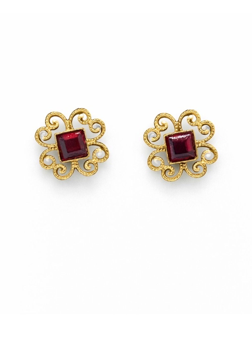 Vintage Gold Tone Faux Ruby Filigree Earrings | July Birthstone Studs